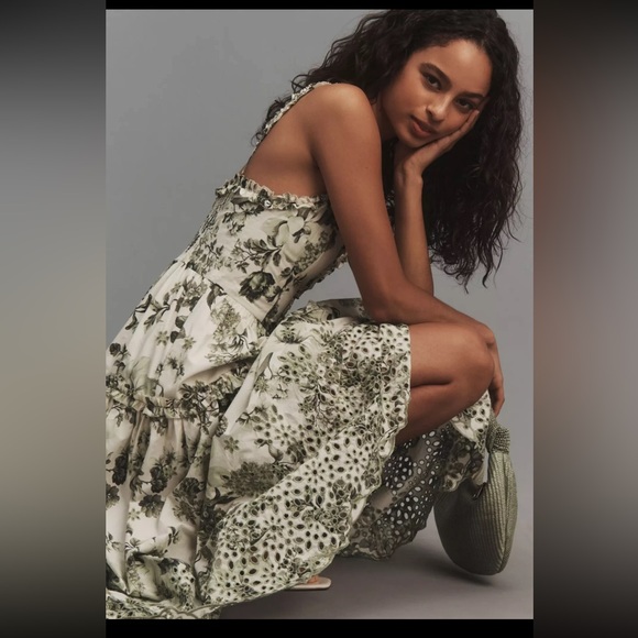 Anthropologie White and Green Floral Midi Dress Size Small - Picture 4 of 9